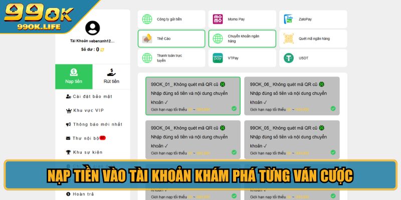 Nạp tiền vào tài khoản khám phá từng ván cược