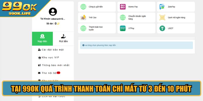 Tại 99OK quá trình thanh toán chỉ mất từ 3 đến 10 phút