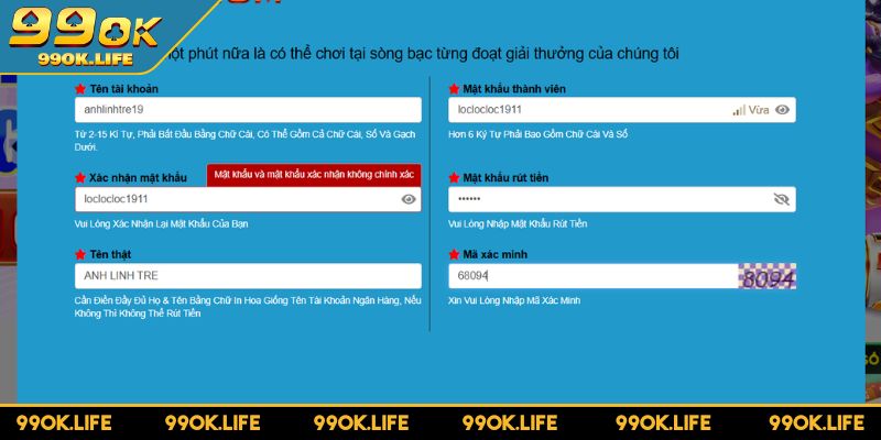 Điền thông tin đăng ký 99OK